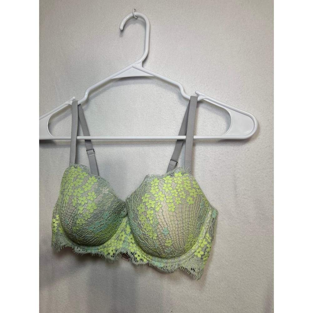Victorias Secret Dream Angels Lined Demi Bra Grey Lime Green Floral Lace 34D - Picture 3 of 7